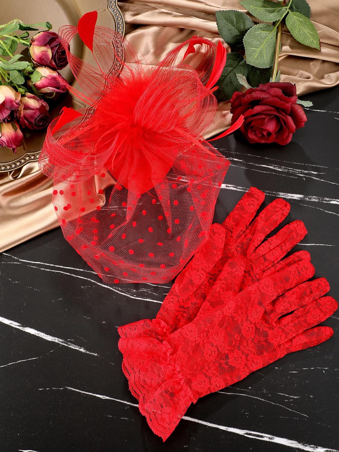 50s Fascinators for Women Funeral Veil Tea Party Hat and Gloves Pillbox Cocktail Hat - Image 7