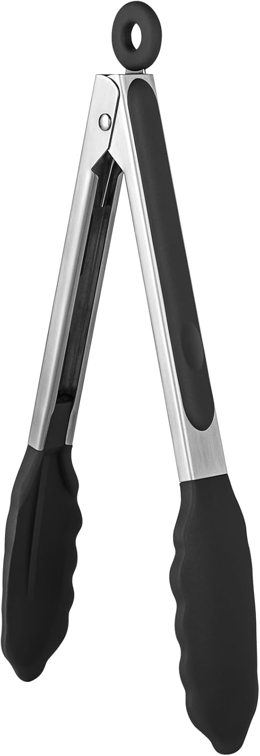 600ºF Heat Resistant Kitchen Tongs:  9 inch Silicone Cooking Tong with Firm Sealed Non Stick Rubber Tips & Silicon Coated 18/8 Stainless Steel Handle & Smooth Locking for Serving Salad (Black) - Image 1