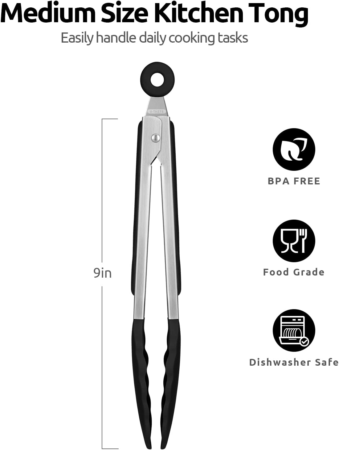 600ºF Heat Resistant Kitchen Tongs:  9 inch Silicone Cooking Tong with Firm Sealed Non Stick Rubber Tips & Silicon Coated 18/8 Stainless Steel Handle & Smooth Locking for Serving Salad (Black) - Image 2