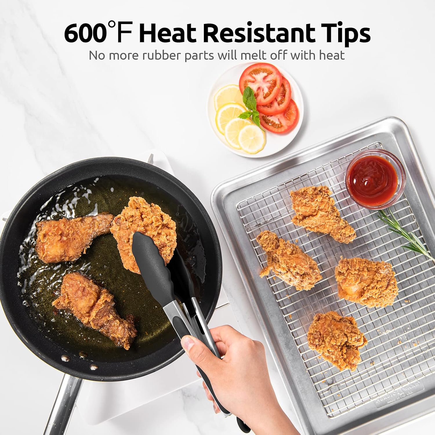 600ºF Heat Resistant Kitchen Tongs:  9 inch Silicone Cooking Tong with Firm Sealed Non Stick Rubber Tips & Silicon Coated 18/8 Stainless Steel Handle & Smooth Locking for Serving Salad (Black) - Image 3