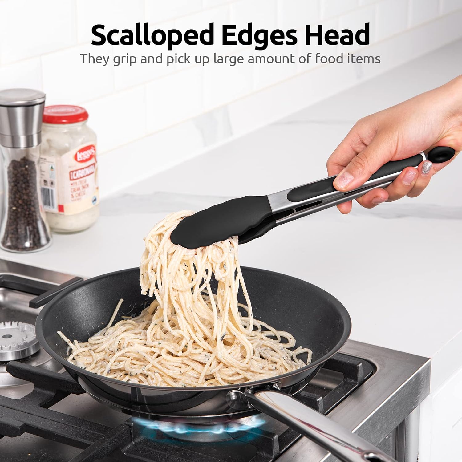 600ºF Heat Resistant Kitchen Tongs:  9 inch Silicone Cooking Tong with Firm Sealed Non Stick Rubber Tips & Silicon Coated 18/8 Stainless Steel Handle & Smooth Locking for Serving Salad (Black) - Image 4