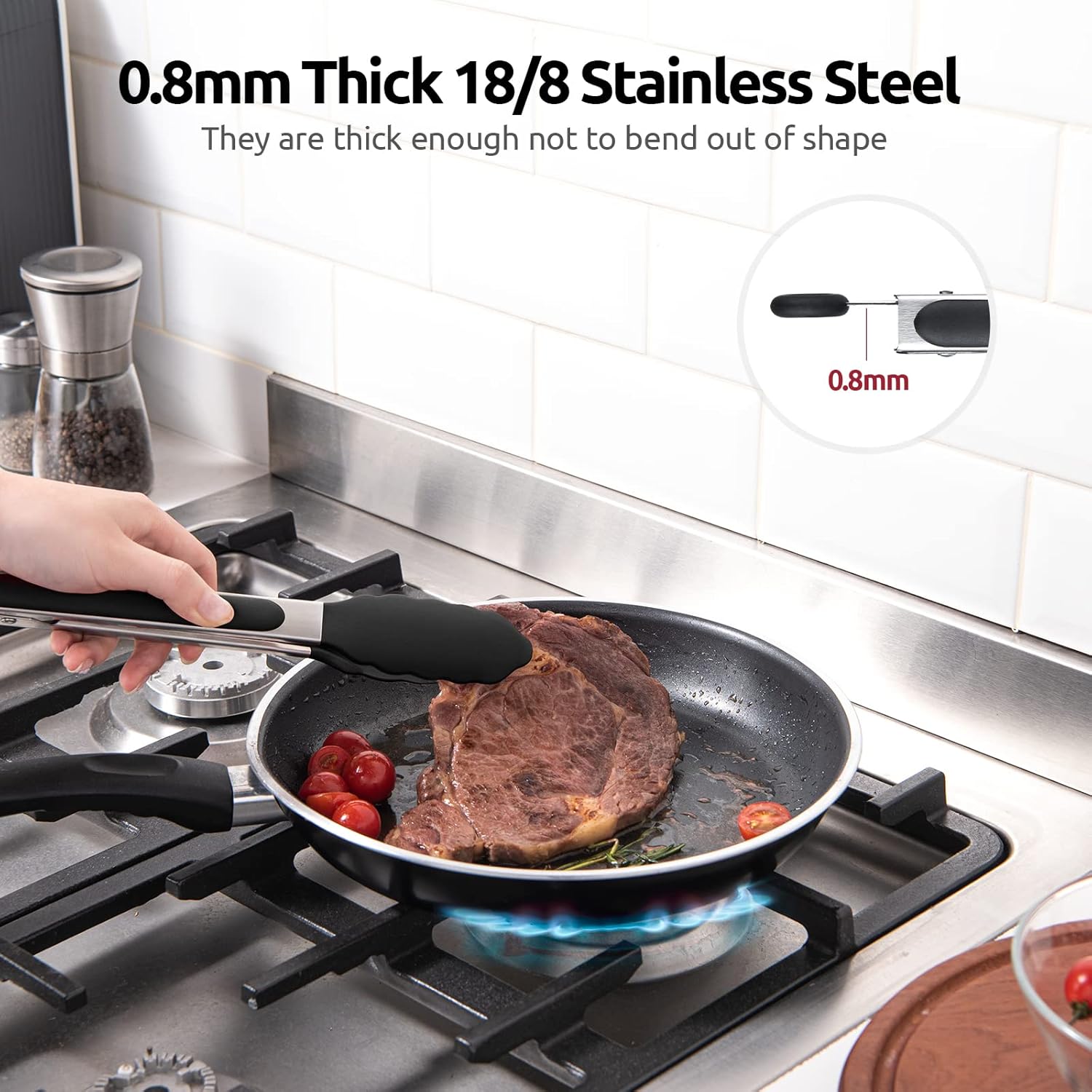 600ºF Heat Resistant Kitchen Tongs:  9 inch Silicone Cooking Tong with Firm Sealed Non Stick Rubber Tips & Silicon Coated 18/8 Stainless Steel Handle & Smooth Locking for Serving Salad (Black) - Image 5