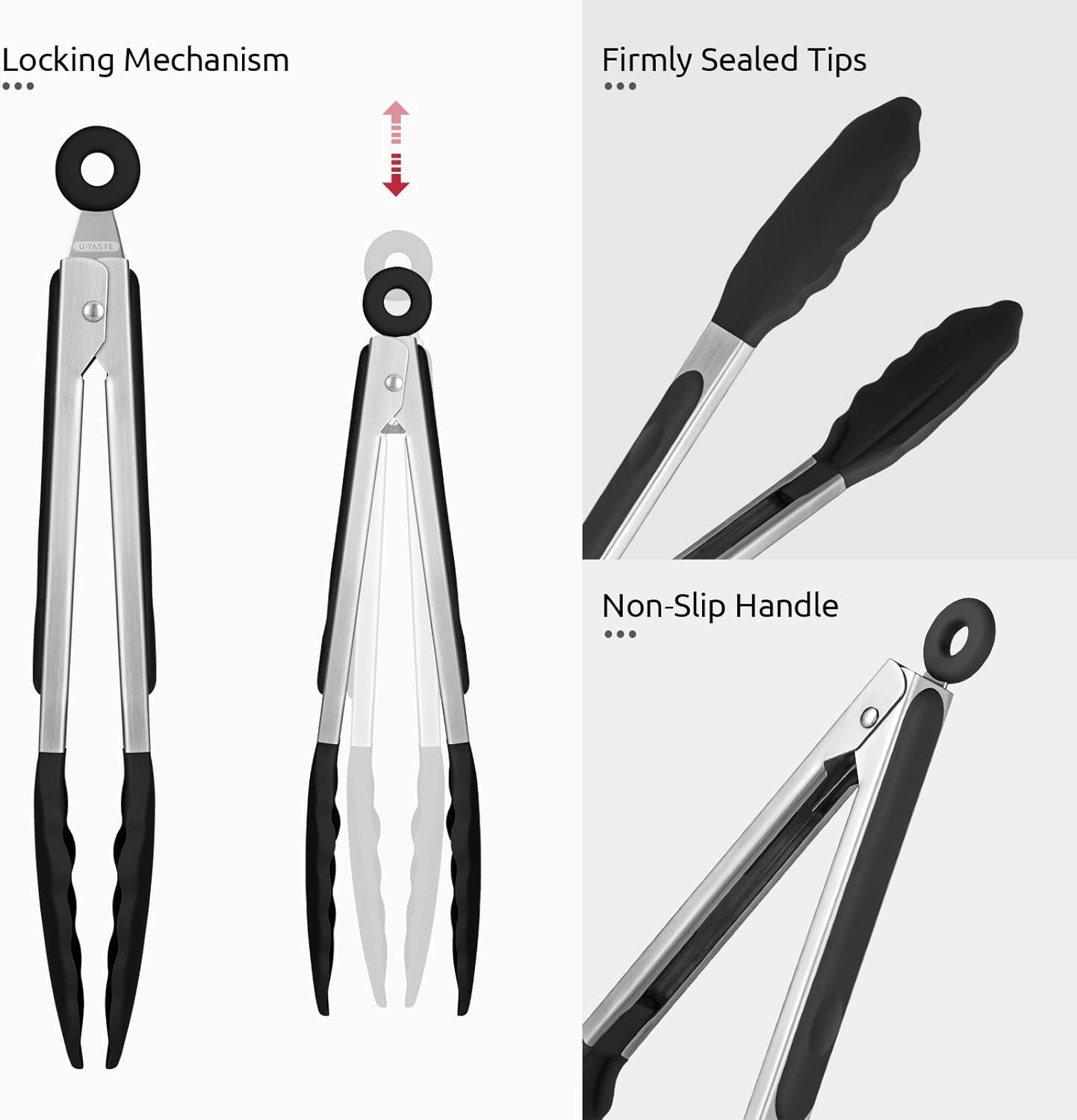 600ºF Heat Resistant Kitchen Tongs:  9 inch Silicone Cooking Tong with Firm Sealed Non Stick Rubber Tips & Silicon Coated 18/8 Stainless Steel Handle & Smooth Locking for Serving Salad (Black) - Image 6