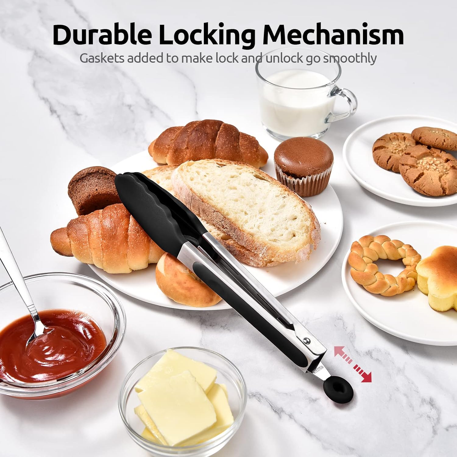 600ºF Heat Resistant Kitchen Tongs:  9 inch Silicone Cooking Tong with Firm Sealed Non Stick Rubber Tips & Silicon Coated 18/8 Stainless Steel Handle & Smooth Locking for Serving Salad (Black) - Image 7