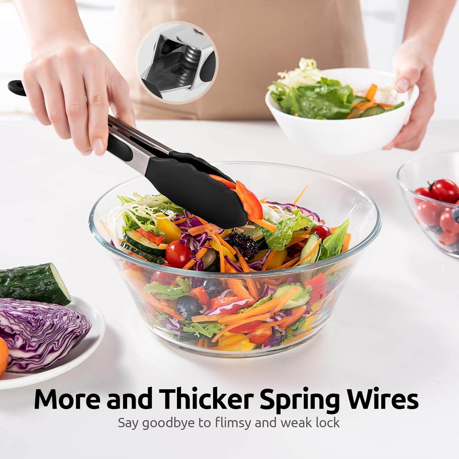 600ºF Heat Resistant Kitchen Tongs:  9 inch Silicone Cooking Tong with Firm Sealed Non Stick Rubber Tips & Silicon Coated 18/8 Stainless Steel Handle & Smooth Locking for Serving Salad (Black) - Image 8