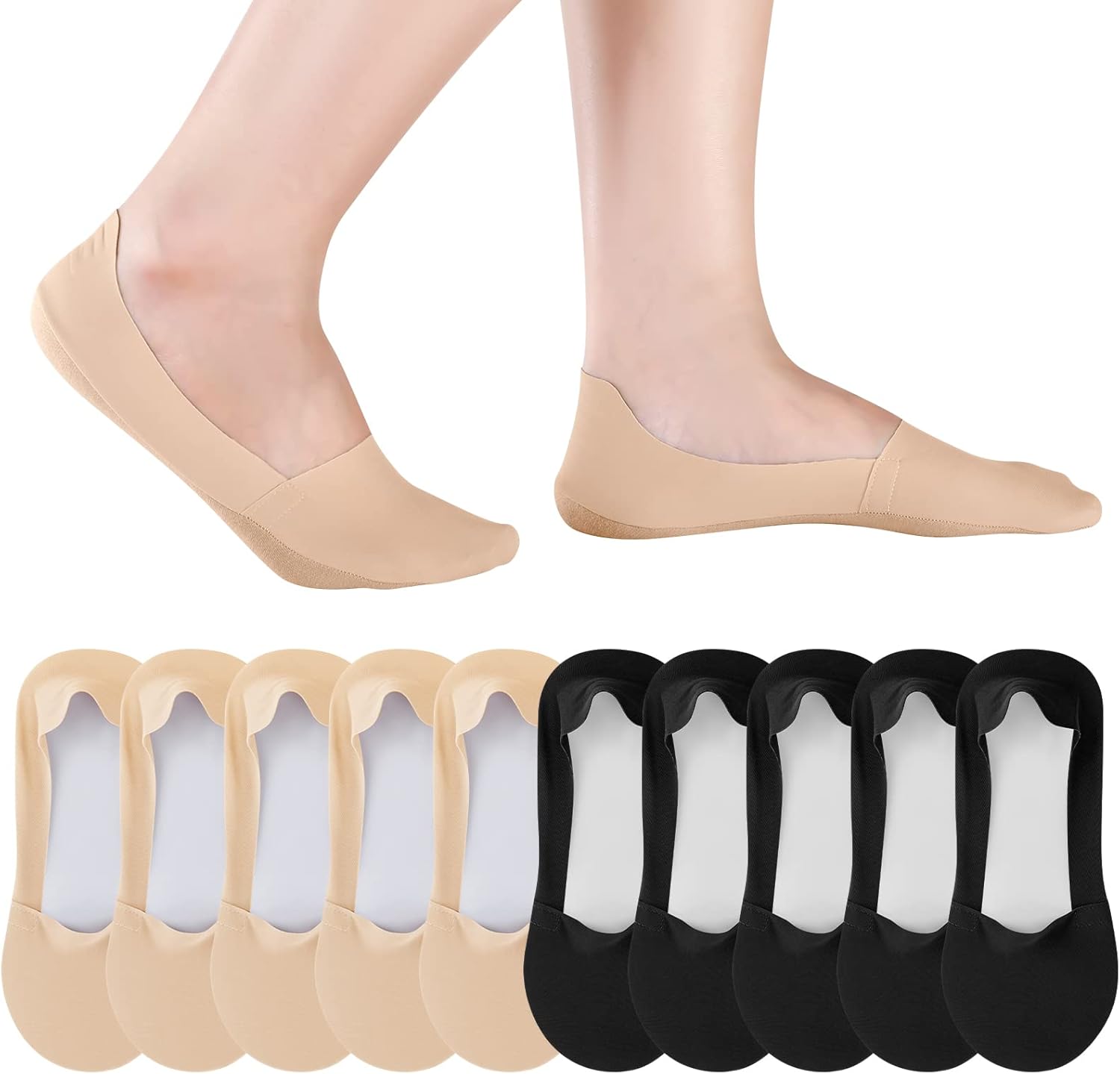 Ice Silk No Show Socks - 10 Pairs, Low Cut, Nonslip, Invisible, Thin (Black, Nude) - Image 1