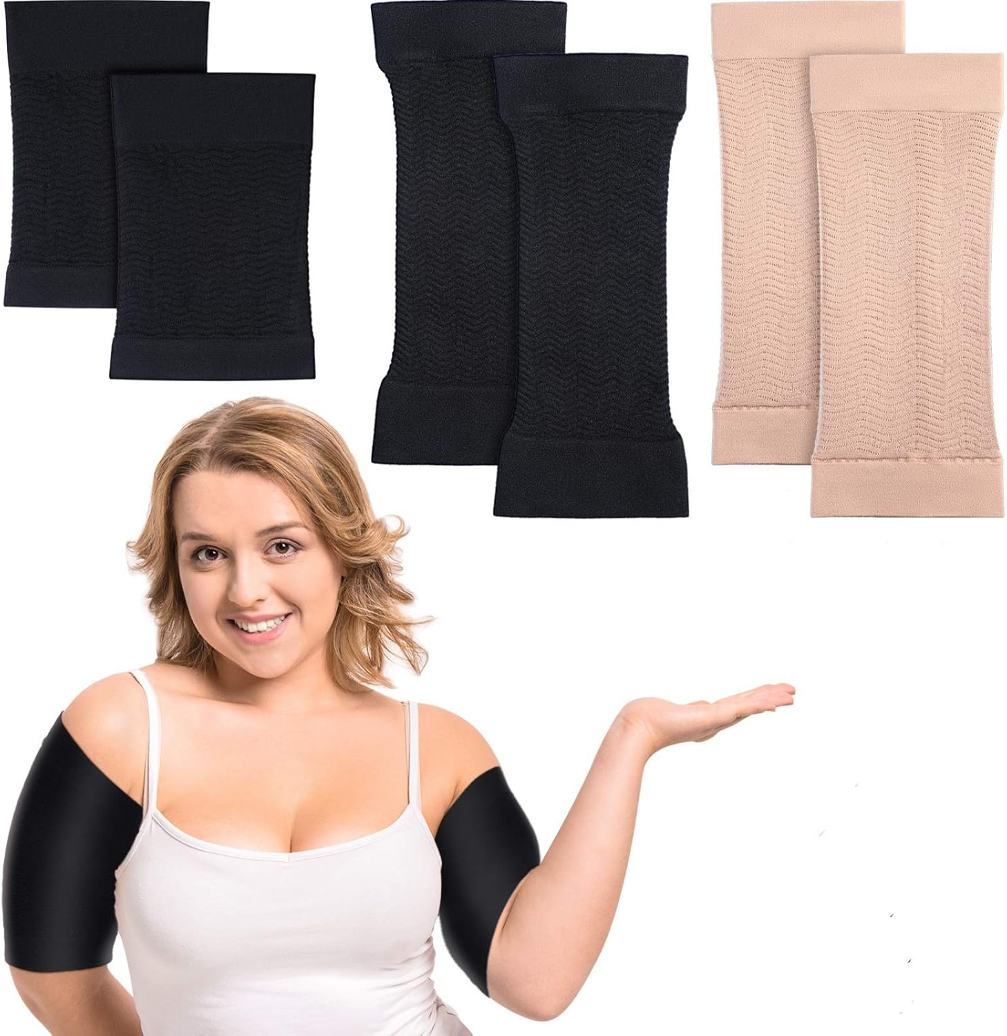 2 Pair Arm Sleeves for Plus Size Women, Slim Upper Arm Compression Shapers Wraps, 1 Pair Calf Compression Sleeves Included - Image 1