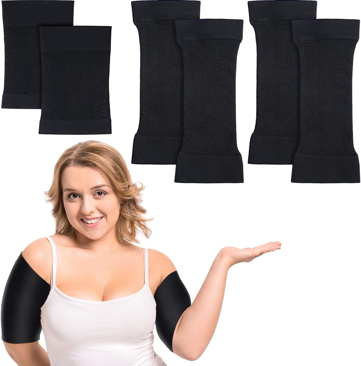 2 Pairs Women Arm Shapers Plus Size Slimming Compression Sleeve Slim Upper Flabby Arm Wrap and 1 Pair Calf Compression Sleeves, Suitable for Circumference 7 to16 Inches - Image 1
