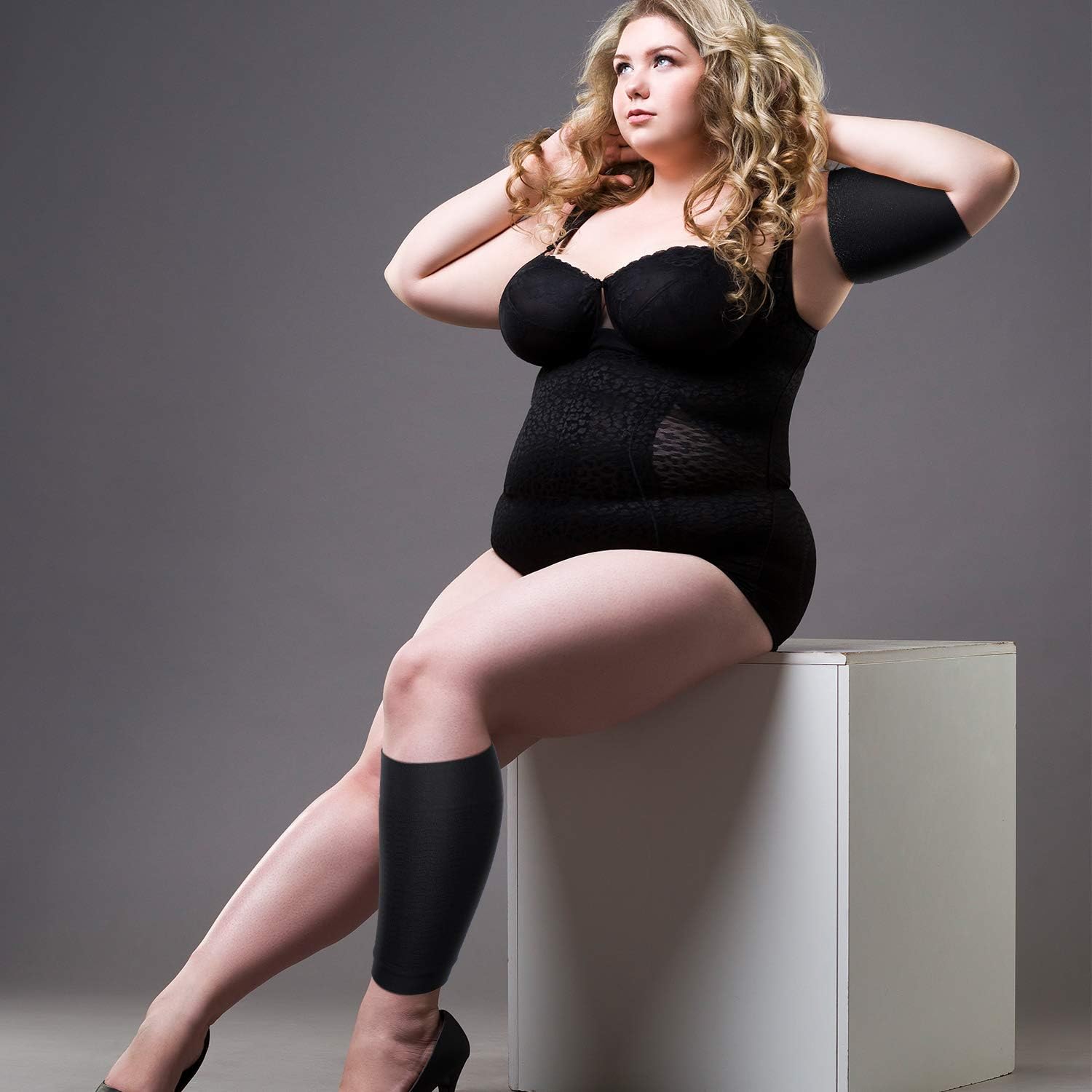 2 Pairs Women Arm Shapers Plus Size Slimming Compression Sleeve Slim Upper Flabby Arm Wrap and 1 Pair Calf Compression Sleeves, Suitable for Circumference 7 to16 Inches - Image 6