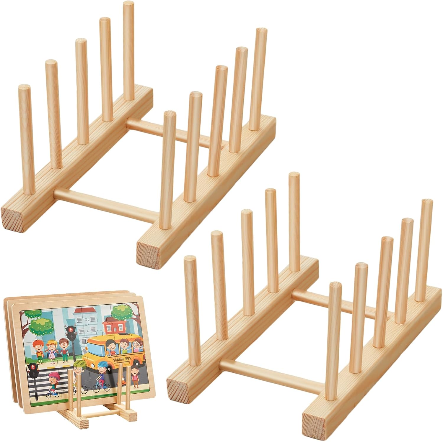2 Pcs Wooden Puzzle Display Stand Jigsaw Holder Rack Puzzle Pot Lid Storage Organizer Shelf for Playroom Decor Craft Collection Lovers - Image 1