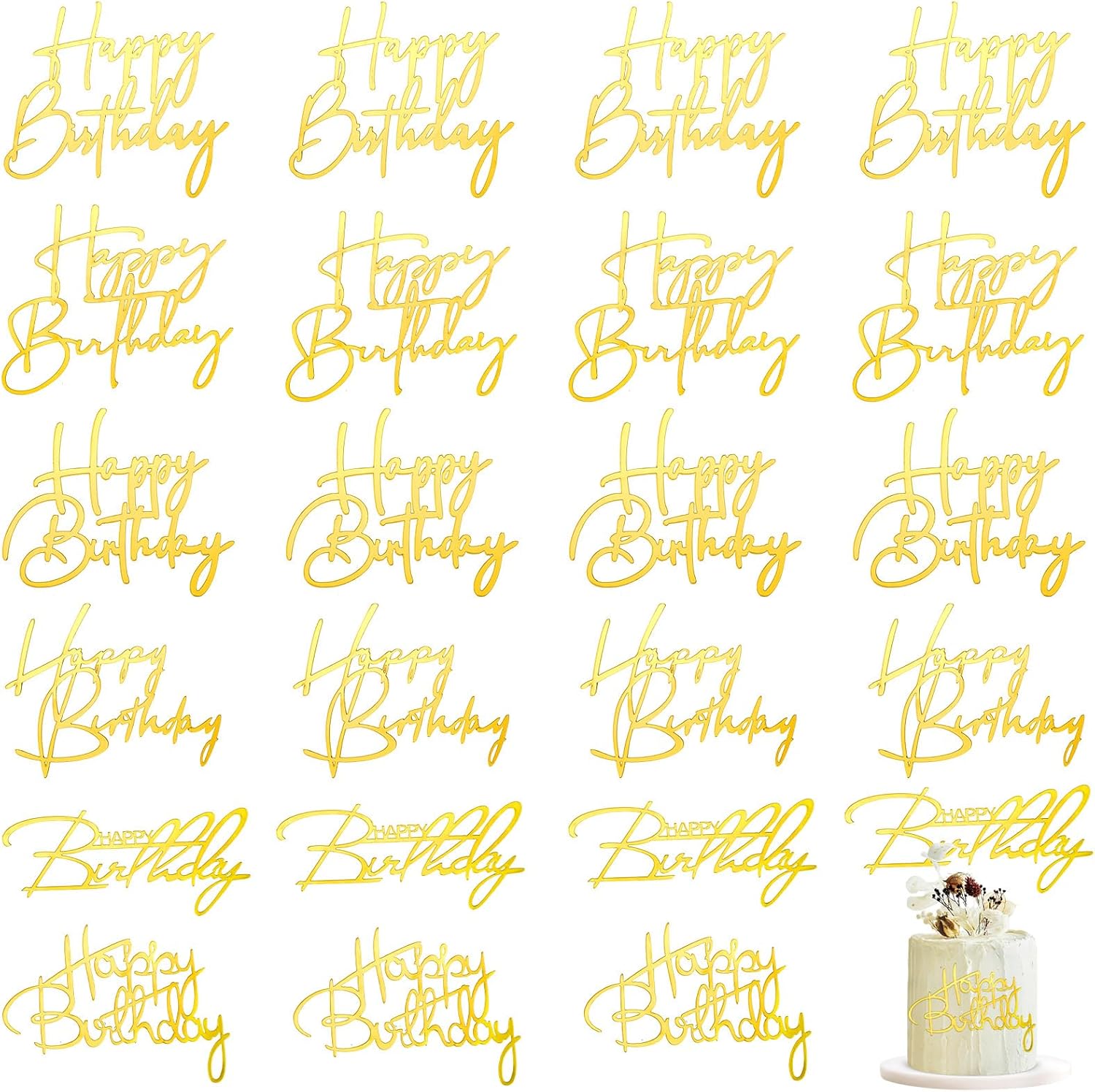 24 Pieces Gold Happy Birthday Cake Toppers Mirror Acrylic Cupcake Topper Happy Birthday Sign for Cake Side Cupcake Decorations, 6 Styles - Image 1