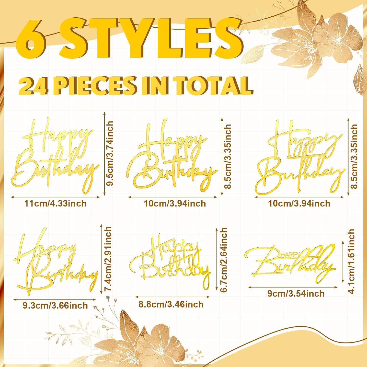 24 Pieces Gold Happy Birthday Cake Toppers Mirror Acrylic Cupcake Topper Happy Birthday Sign for Cake Side Cupcake Decorations, 6 Styles - Image 2