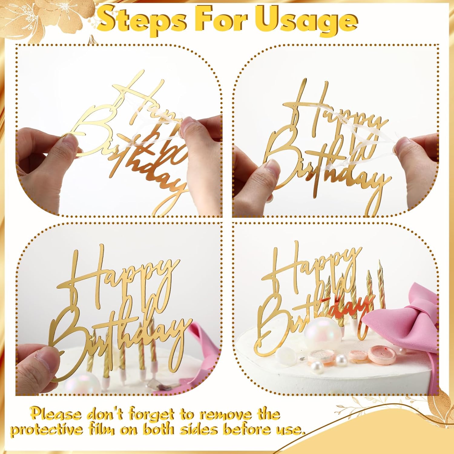 24 Pieces Gold Happy Birthday Cake Toppers Mirror Acrylic Cupcake Topper Happy Birthday Sign for Cake Side Cupcake Decorations, 6 Styles - Image 3