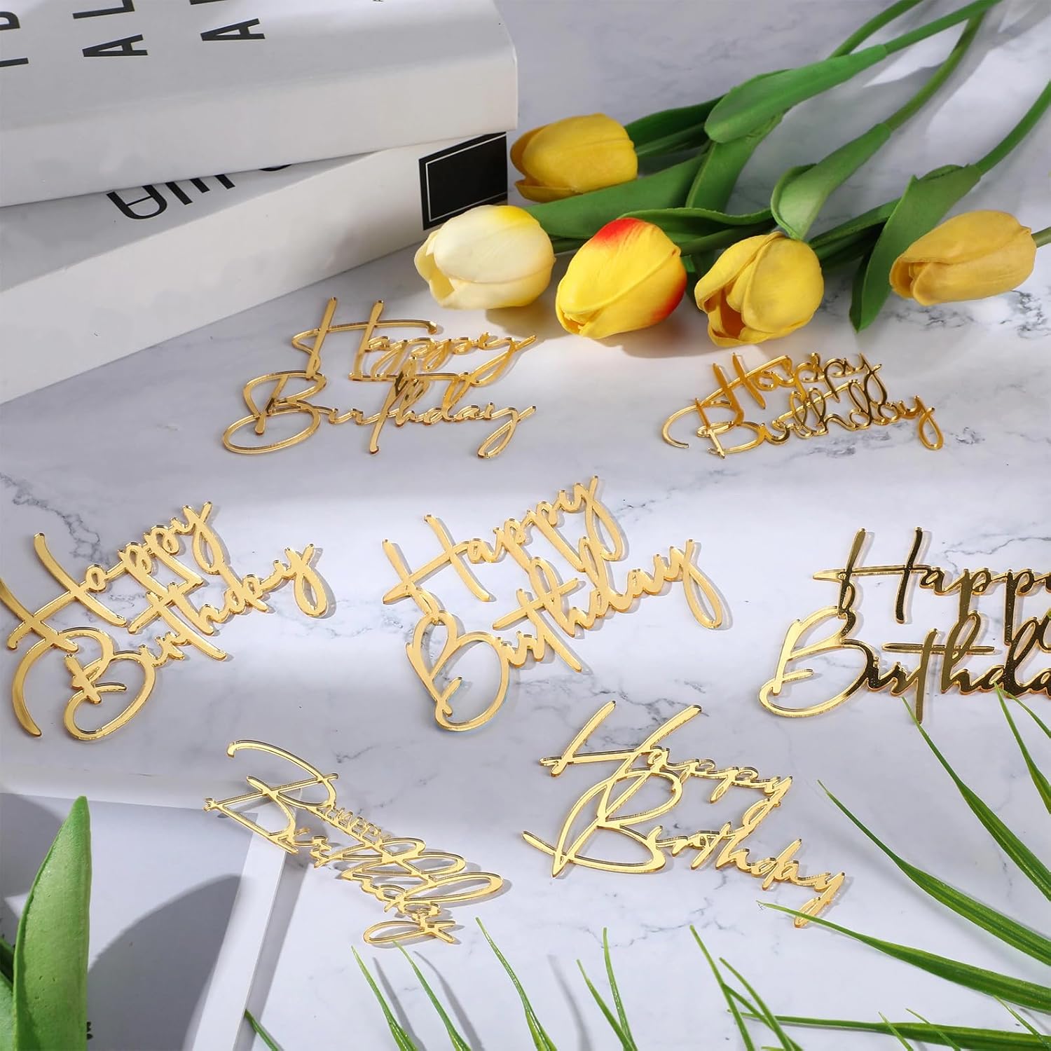 24 Pieces Gold Happy Birthday Cake Toppers Mirror Acrylic Cupcake Topper Happy Birthday Sign for Cake Side Cupcake Decorations, 6 Styles - Image 4