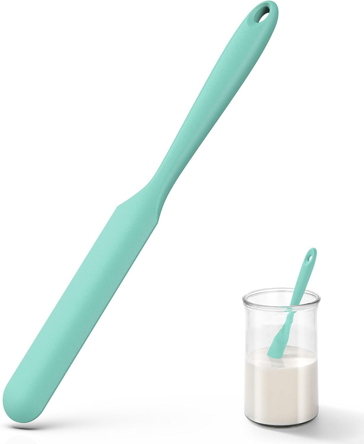 Skinny Silicone Jar Spatula: 600ºF Heat-Resistant Food-Grade 10in Long Narrow Sourdough Stirring Stick, Seamless Flexible Peanut Butter Spreader for Scraping Icing Bread Cream, Jam (Aqua Sky) - Image 1