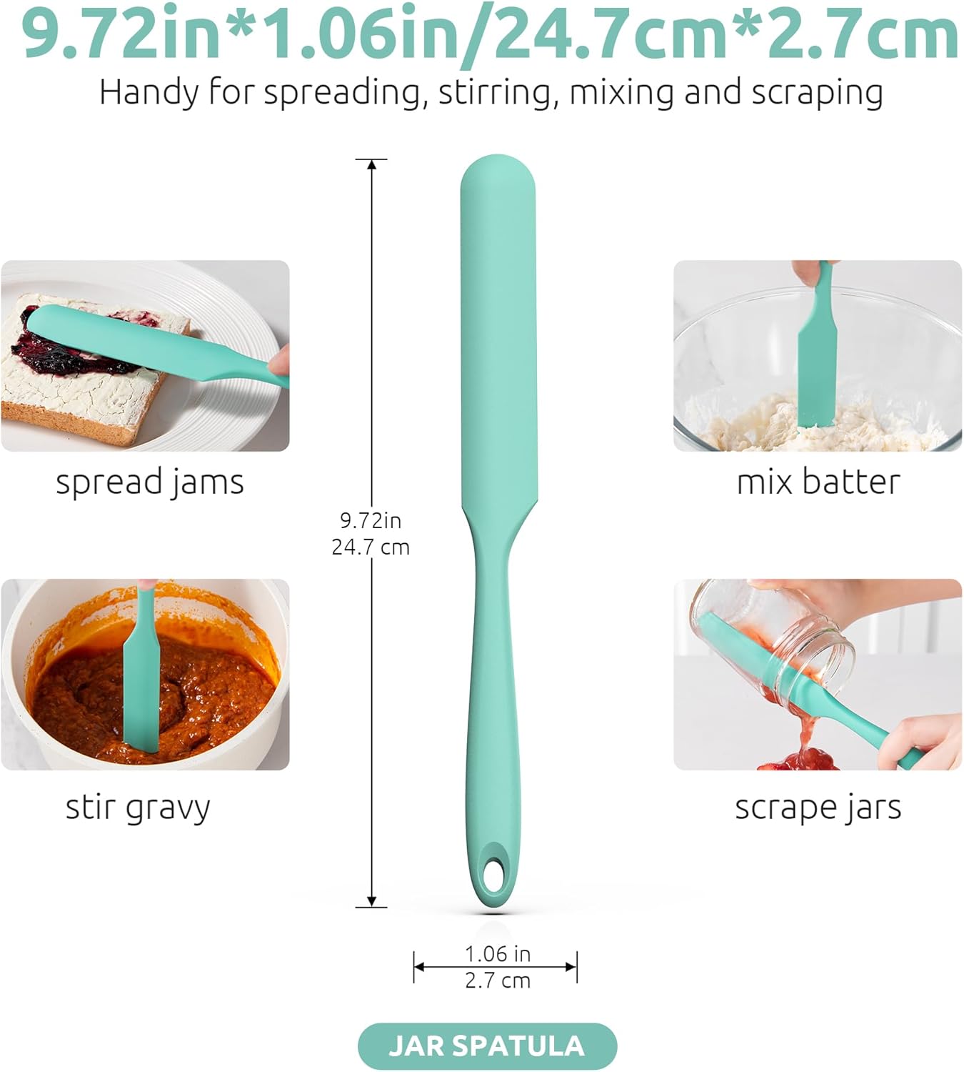 Skinny Silicone Jar Spatula: 600ºF Heat-Resistant Food-Grade 10in Long Narrow Sourdough Stirring Stick, Seamless Flexible Peanut Butter Spreader for Scraping Icing Bread Cream, Jam (Aqua Sky) - Image 2