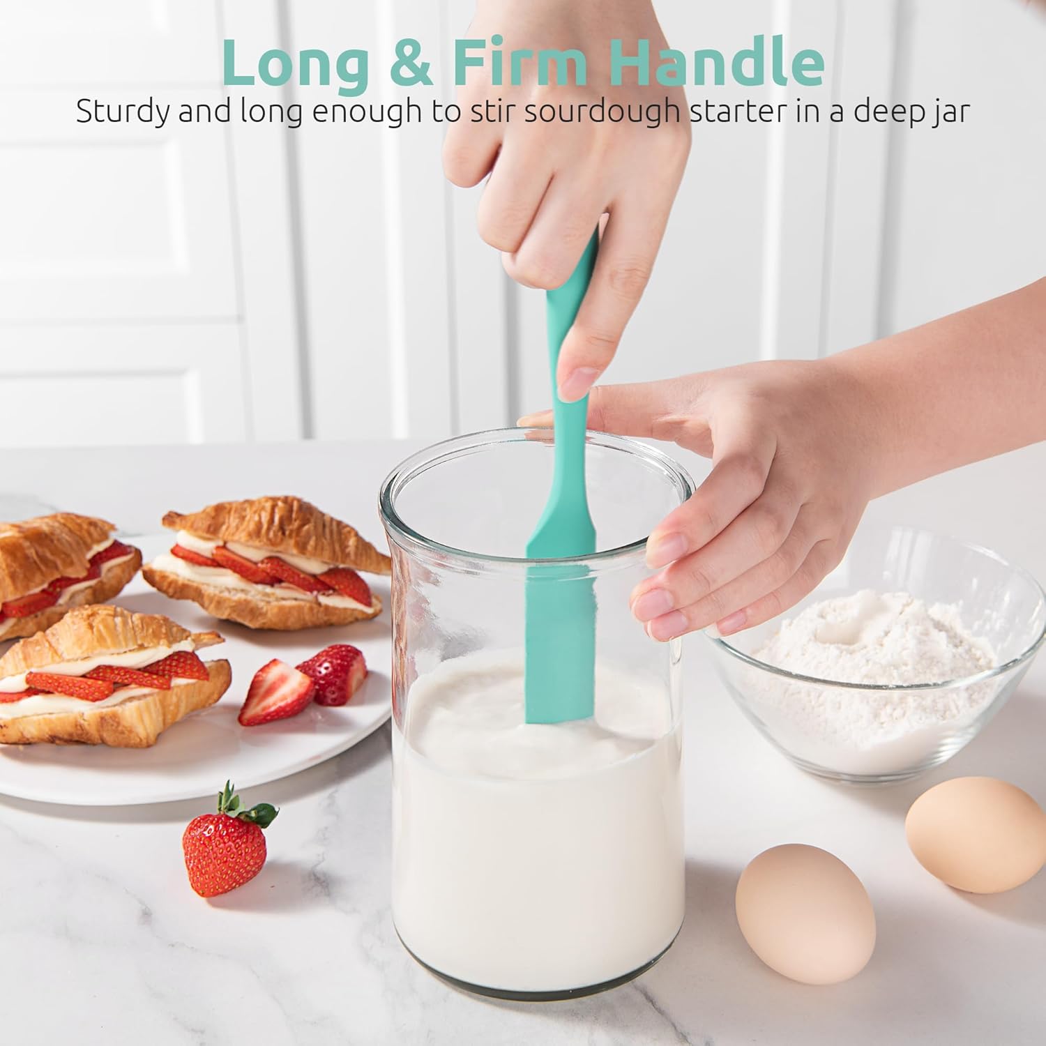 Skinny Silicone Jar Spatula: 600ºF Heat-Resistant Food-Grade 10in Long Narrow Sourdough Stirring Stick, Seamless Flexible Peanut Butter Spreader for Scraping Icing Bread Cream, Jam (Aqua Sky) - Image 3