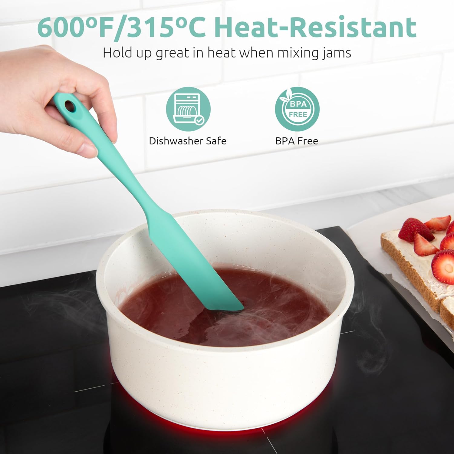Skinny Silicone Jar Spatula: 600ºF Heat-Resistant Food-Grade 10in Long Narrow Sourdough Stirring Stick, Seamless Flexible Peanut Butter Spreader for Scraping Icing Bread Cream, Jam (Aqua Sky) - Image 5