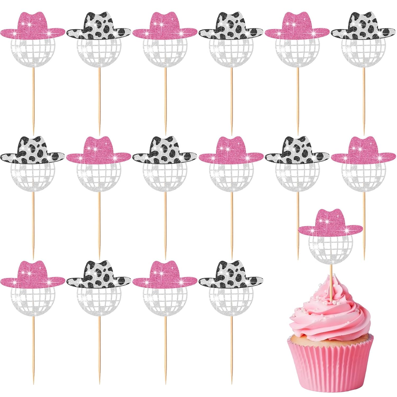60 Pcs Glitter Disco Ball Cupcake Topper Cowboy Hat Cake Decorations Mini Cowgirl Party Decorations with Picks for Birthday Disco 2000s Theme Party(Simple) - Image 1