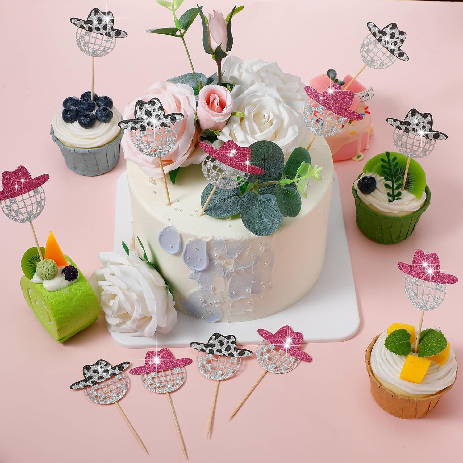 60 Pcs Glitter Disco Ball Cupcake Topper Cowboy Hat Cake Decorations Mini Cowgirl Party Decorations with Picks for Birthday Disco 2000s Theme Party(Simple) - Image 4