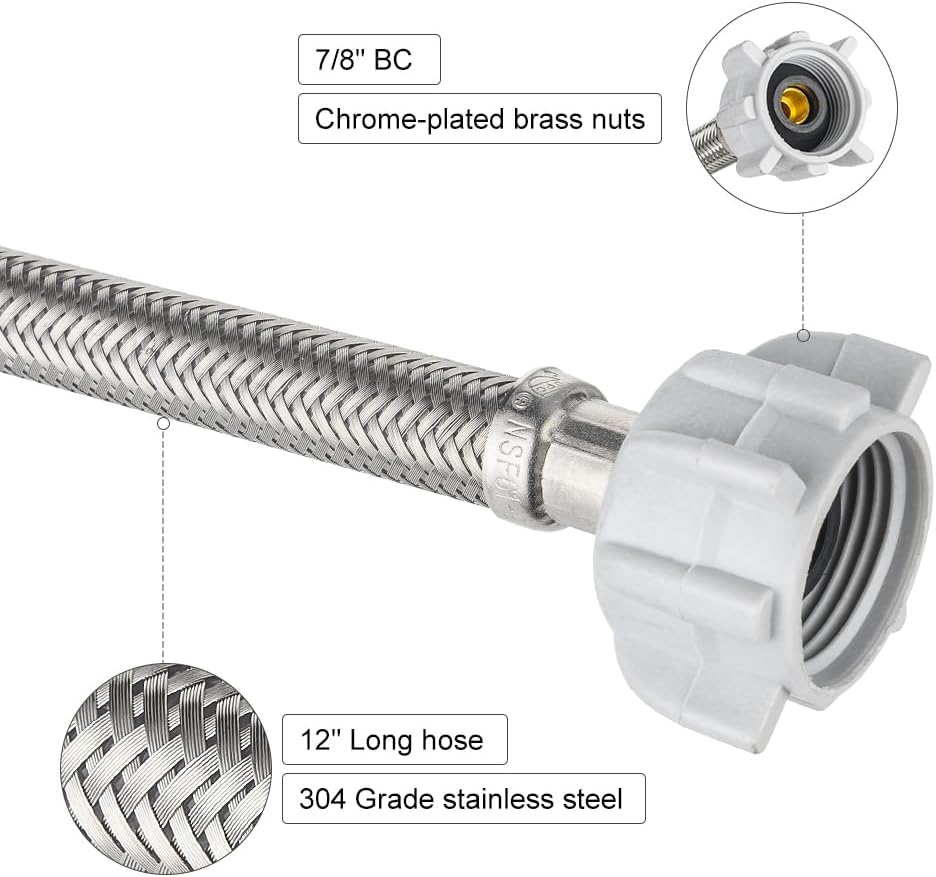 2-Pack  12-inch Toilet Water Supply Connector Line Braided Stainless Steel Hose, 7/8 Female Ballcock Thread x 3/8