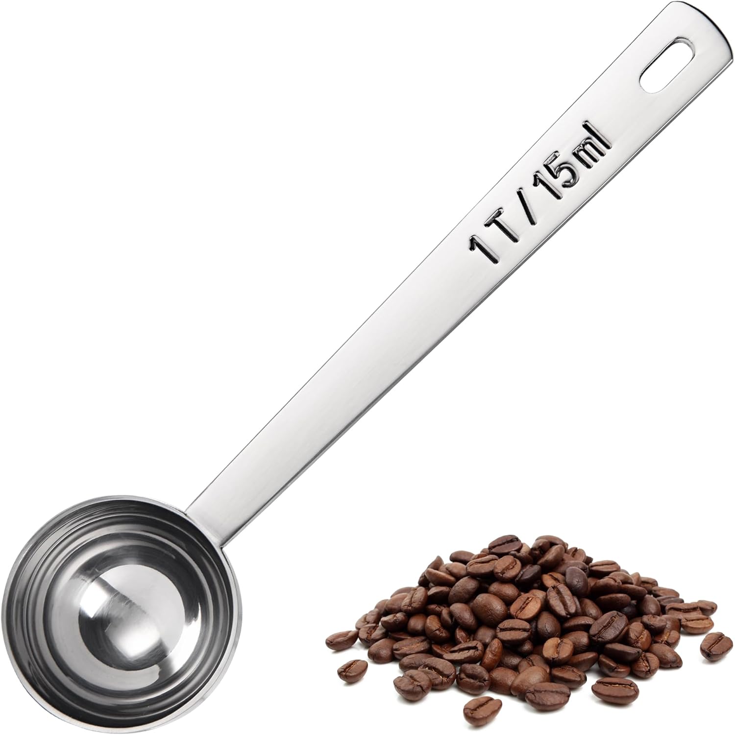 Coffee Scoop 1 Tablespoon: 18/8 Stainless Steel Measuring Scooper for Ground Coffee, Bean, Powder, Espresso, 4.3in Long Handle Metal Measure Spoon for Canister, Jar (1Tbsp/15ml) - Image 1