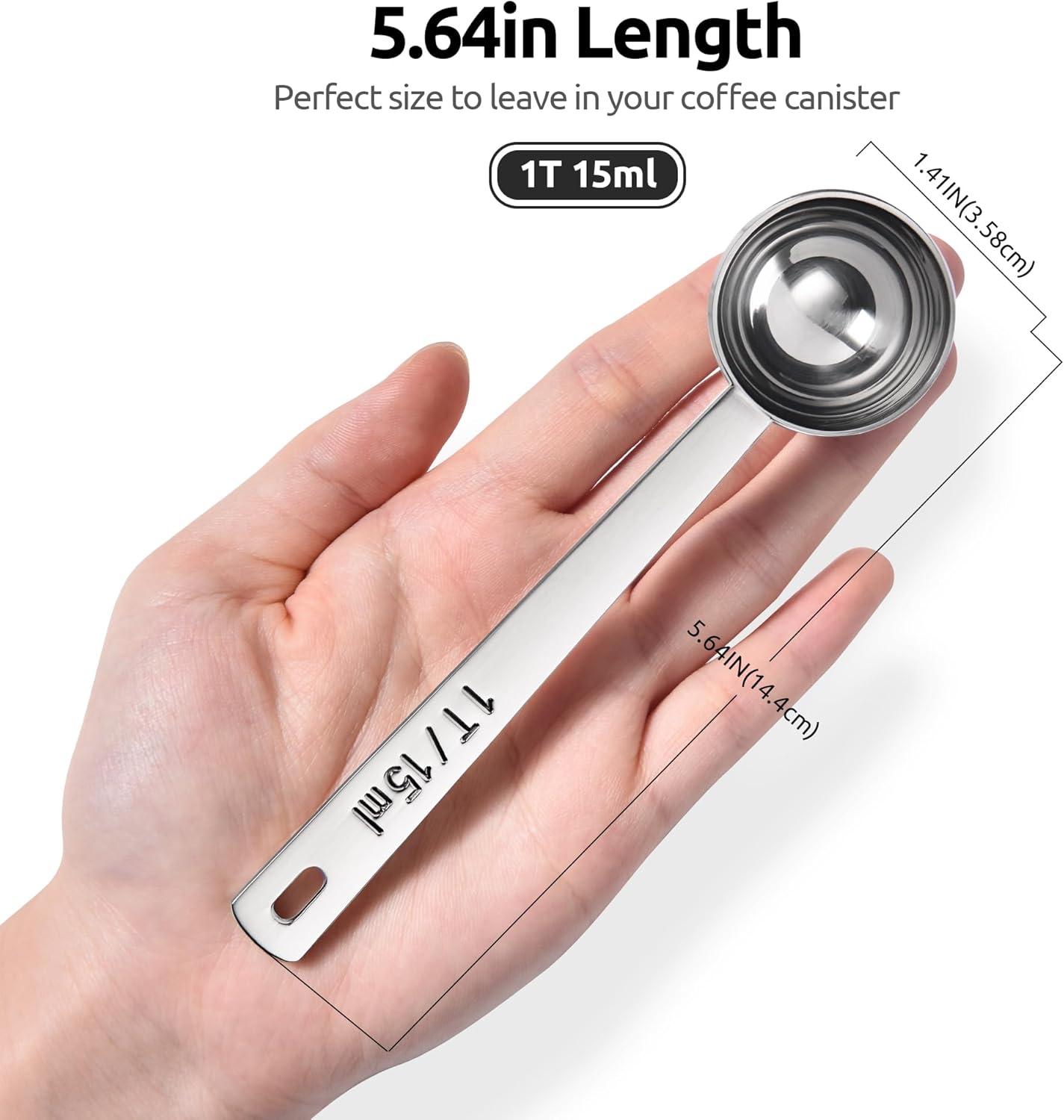 Coffee Scoop 1 Tablespoon: 18/8 Stainless Steel Measuring Scooper for Ground Coffee, Bean, Powder, Espresso, 4.3in Long Handle Metal Measure Spoon for Canister, Jar (1Tbsp/15ml) - Image 2