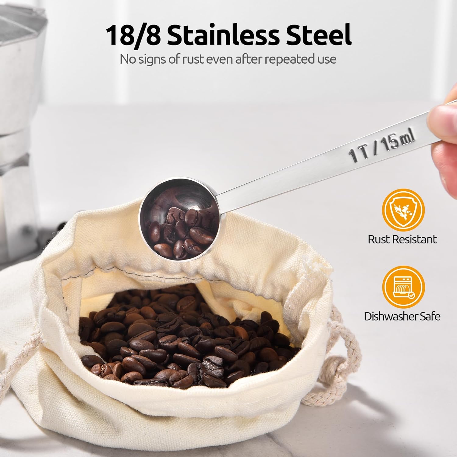 Coffee Scoop 1 Tablespoon: 18/8 Stainless Steel Measuring Scooper for Ground Coffee, Bean, Powder, Espresso, 4.3in Long Handle Metal Measure Spoon for Canister, Jar (1Tbsp/15ml) - Image 3