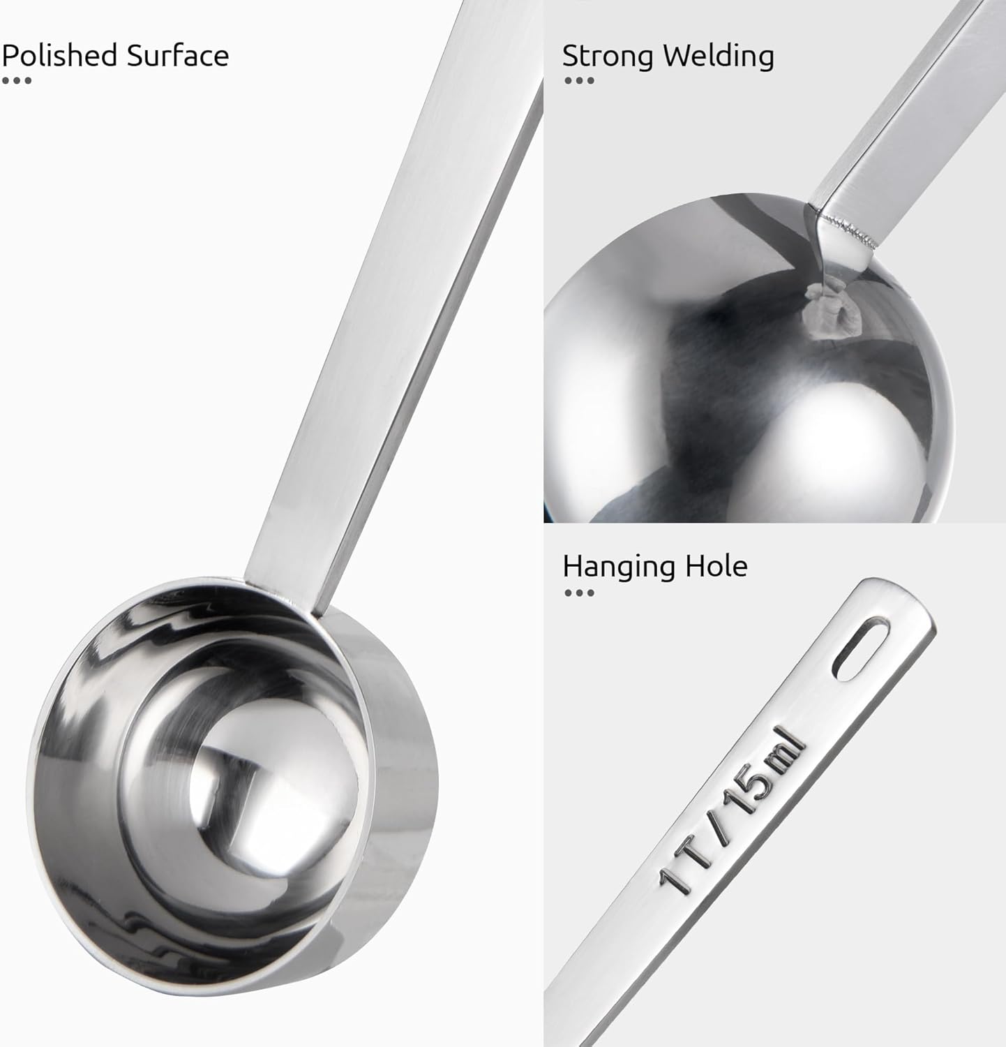 Coffee Scoop 1 Tablespoon: 18/8 Stainless Steel Measuring Scooper for Ground Coffee, Bean, Powder, Espresso, 4.3in Long Handle Metal Measure Spoon for Canister, Jar (1Tbsp/15ml) - Image 6