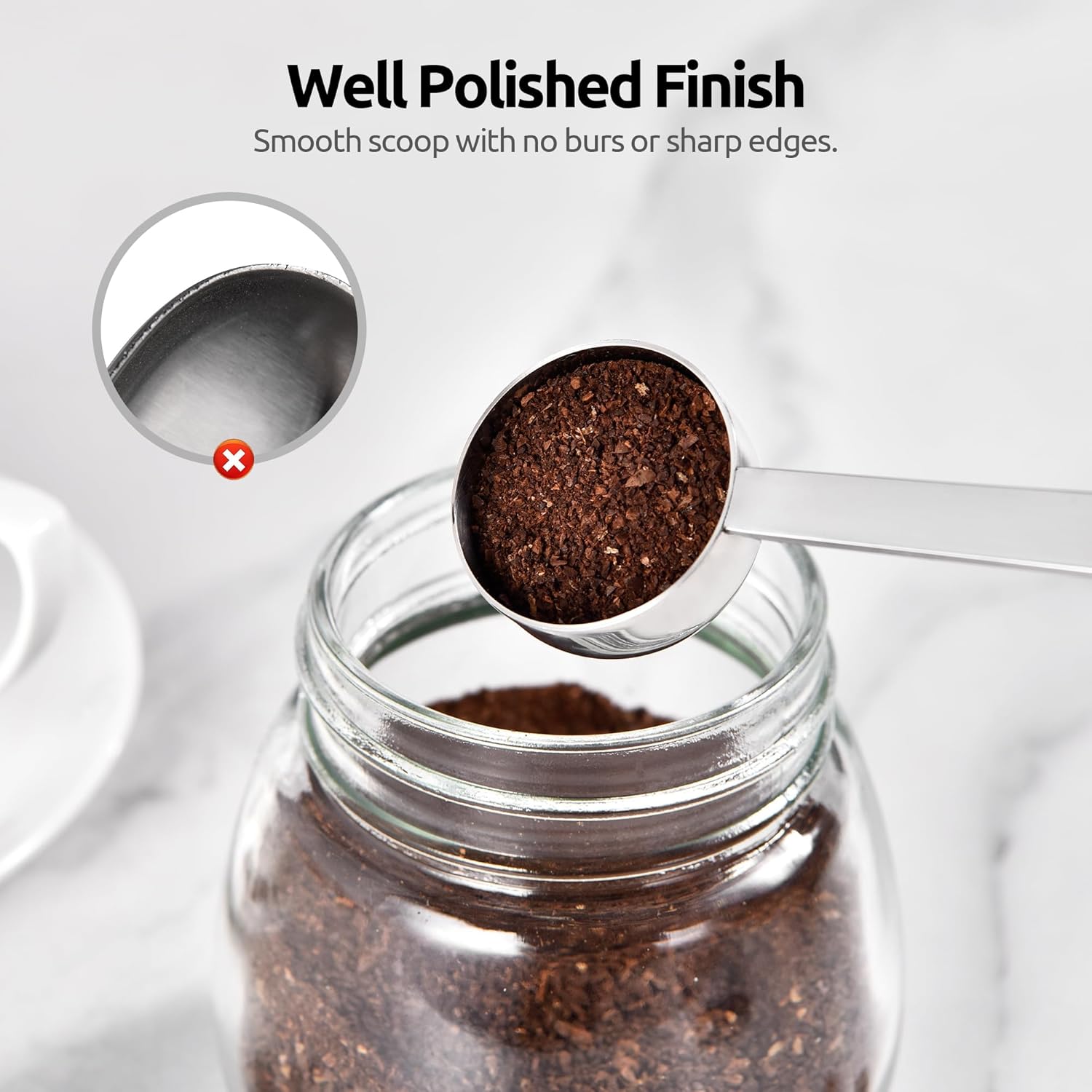 Coffee Scoop 1 Tablespoon: 18/8 Stainless Steel Measuring Scooper for Ground Coffee, Bean, Powder, Espresso, 4.3in Long Handle Metal Measure Spoon for Canister, Jar (1Tbsp/15ml) - Image 8