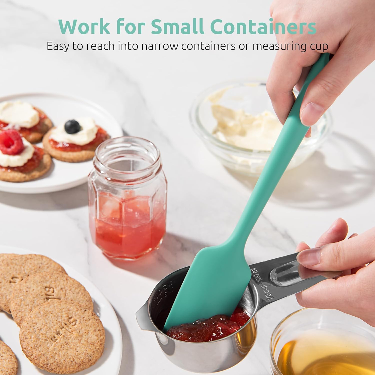 Small Mini Silicone Spatula: 9×2inch 600ºF Heat-Resistant Food-Grade Jar Scraper for Kitchen Use, Non-Stick Seamless Flexible Baking Utensil for Mixing, Scraping Jam in Bowl or Cup (Aqua Sky) - Image 7