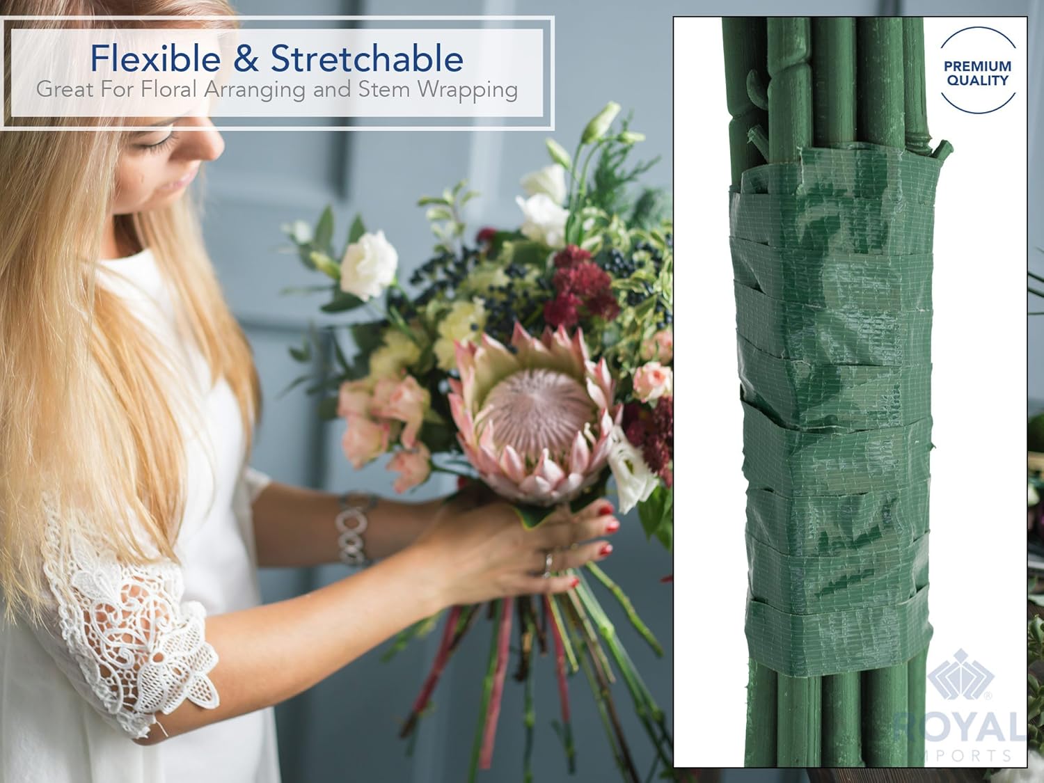 Floral Tape Green, Flower Stem Wrap Adhesive Waterproof Florist Tape for Decorative Bouquets Arranging and Crafts - 0.5