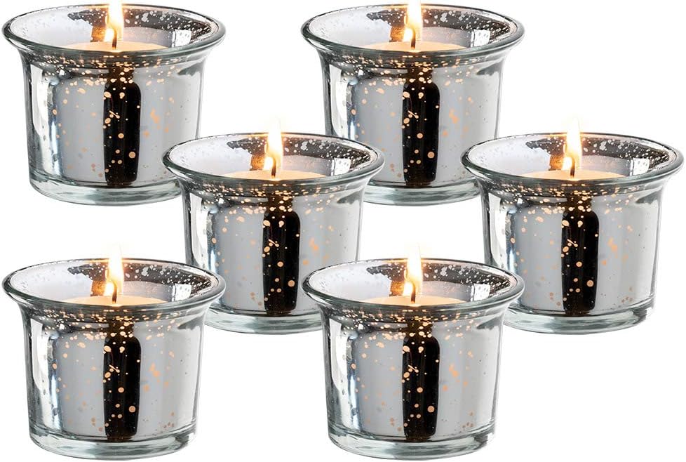 Silver Oyster Mercury Glass Votive Candle Holder, Table Centerpiece Tealight Decoration for Elegant Dinner, Party, Wedding, Holiday, Set of 6 (Unfilled) - Image 1