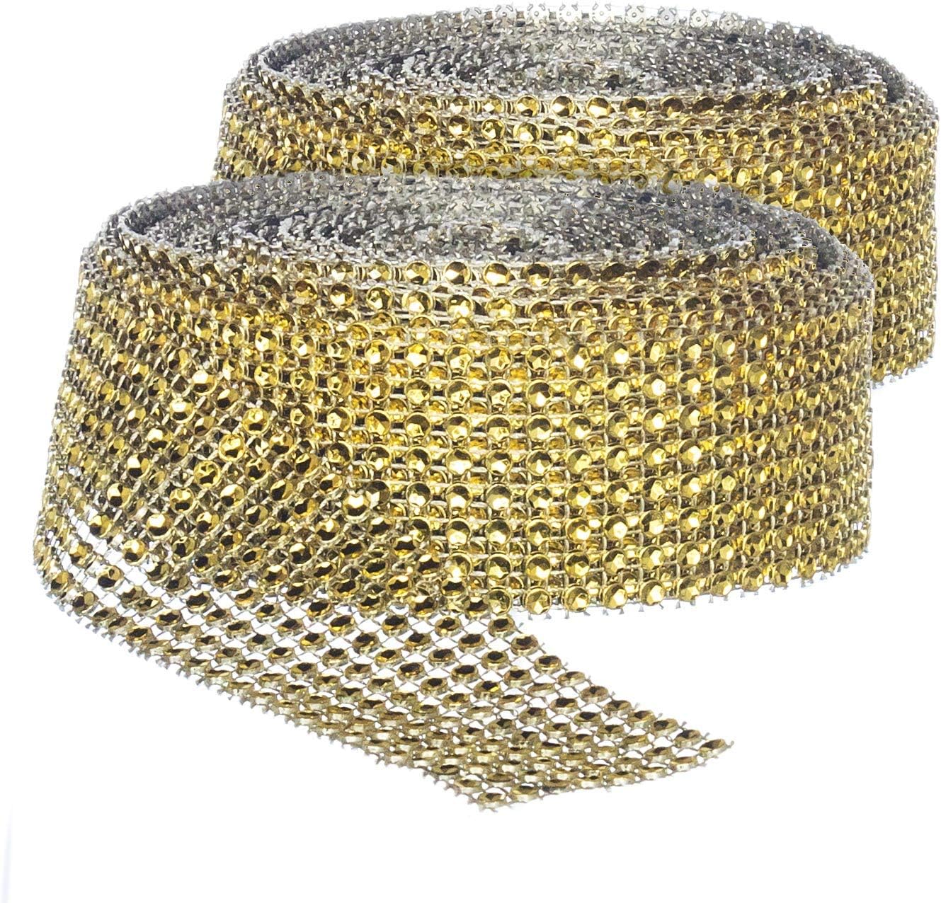Rhinestone Diamond Bling Wrap Ribbon for Wedding Cake, Party, Holiday & Home Decoration, Gold 8-Rows, (2 Rolls) 10 YDS EA. - Image 1