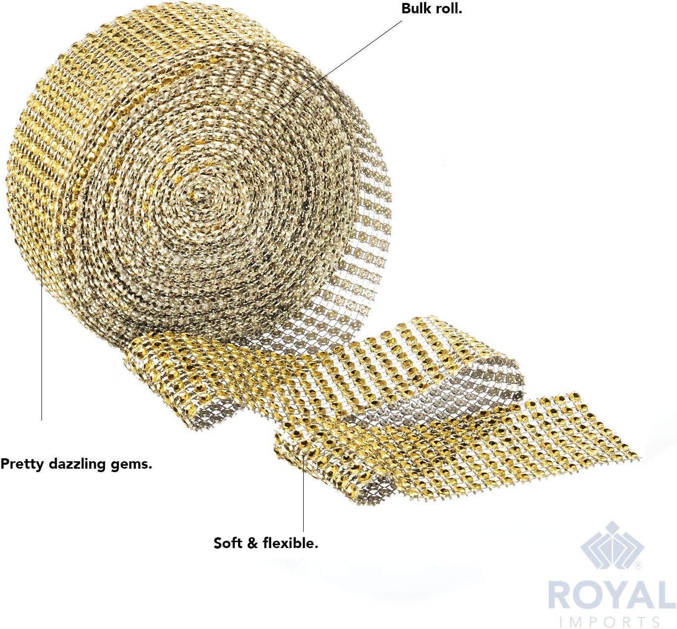 Rhinestone Diamond Bling Wrap Ribbon for Wedding Cake, Party, Holiday & Home Decoration, Gold 8-Rows, (2 Rolls) 10 YDS EA. - Image 4