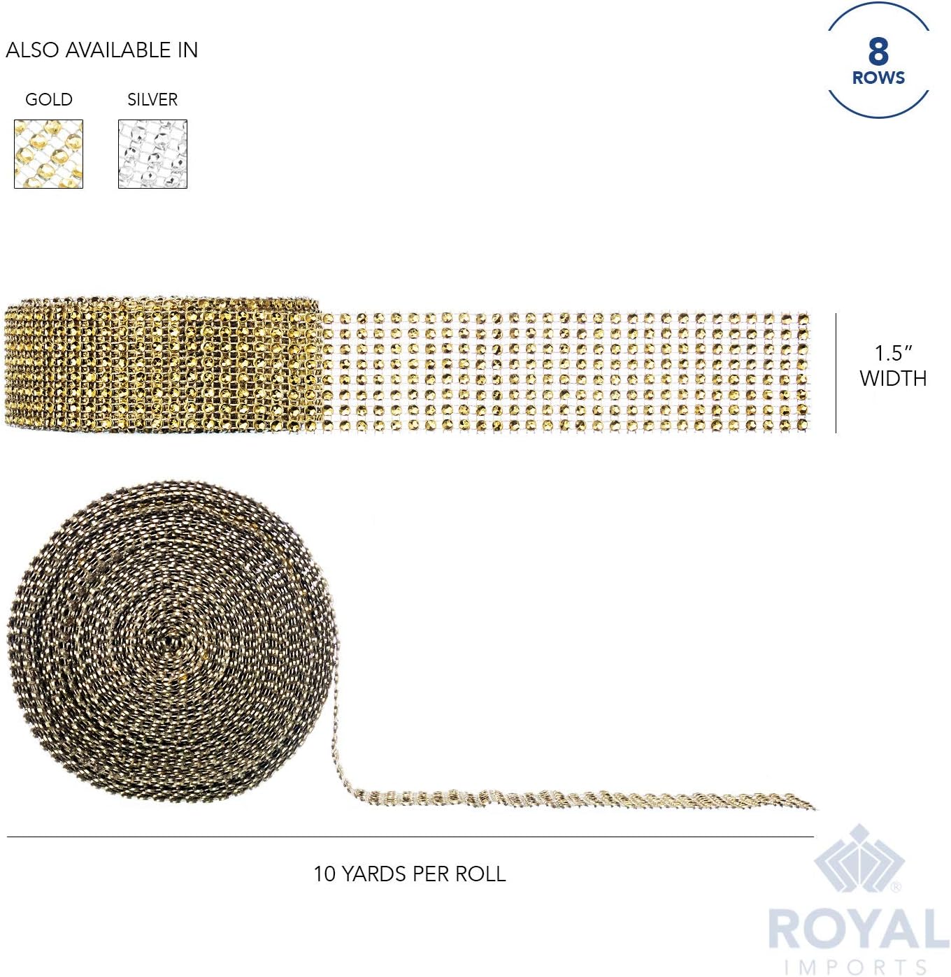 Rhinestone Diamond Bling Wrap Ribbon for Wedding Cake, Party, Holiday & Home Decoration, Gold 8-Rows, (2 Rolls) 10 YDS EA. - Image 6