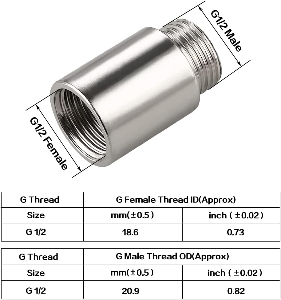 Shower Head Extension Tube Pipe Fittings G 1/2 Male to G 1/2 Female BSP threaded Stainless Steel Round Shower Arm Extension Cast Fitting Coupler (25mm Length,2pcs) - Image 3