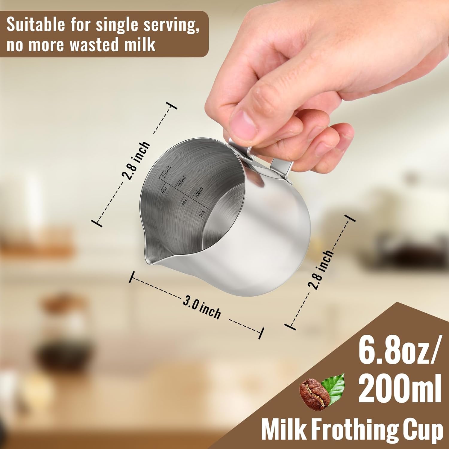 Milk Frothing Pitcher, 6.8oz/200ml Stainless Steel Milk Frother Cup, Small Steaming Pitcher for Espresso Machine, Latte Art Pour Cup - Image 2
