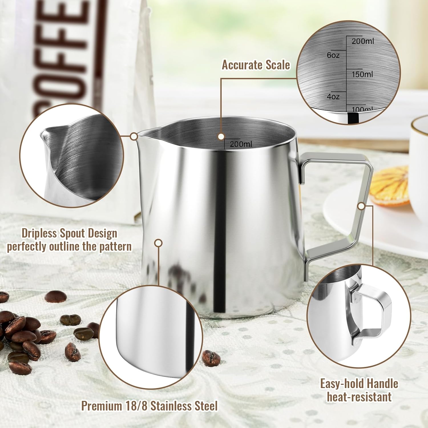 Milk Frothing Pitcher, 6.8oz/200ml Stainless Steel Milk Frother Cup, Small Steaming Pitcher for Espresso Machine, Latte Art Pour Cup - Image 3