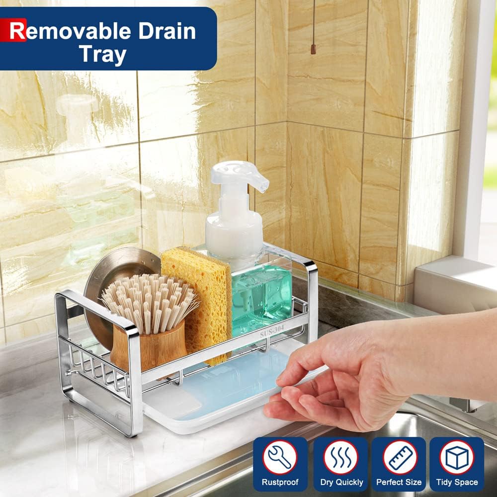 Kitchen Sink Sponge Holder, 304 Stainless Steel Kitchen Soap Dispenser Caddy Organizer, Countertop Soap Dish Rack Drainer with Removable Drain Tray, not Including Dispenser and Brush - Image 3