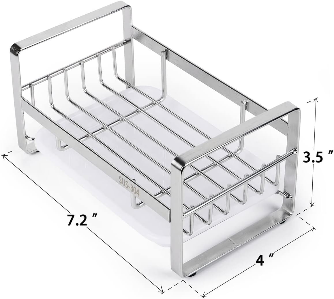 Kitchen Sink Sponge Holder, 304 Stainless Steel Kitchen Soap Dispenser Caddy Organizer, Countertop Soap Dish Rack Drainer with Removable Drain Tray, not Including Dispenser and Brush - Image 4