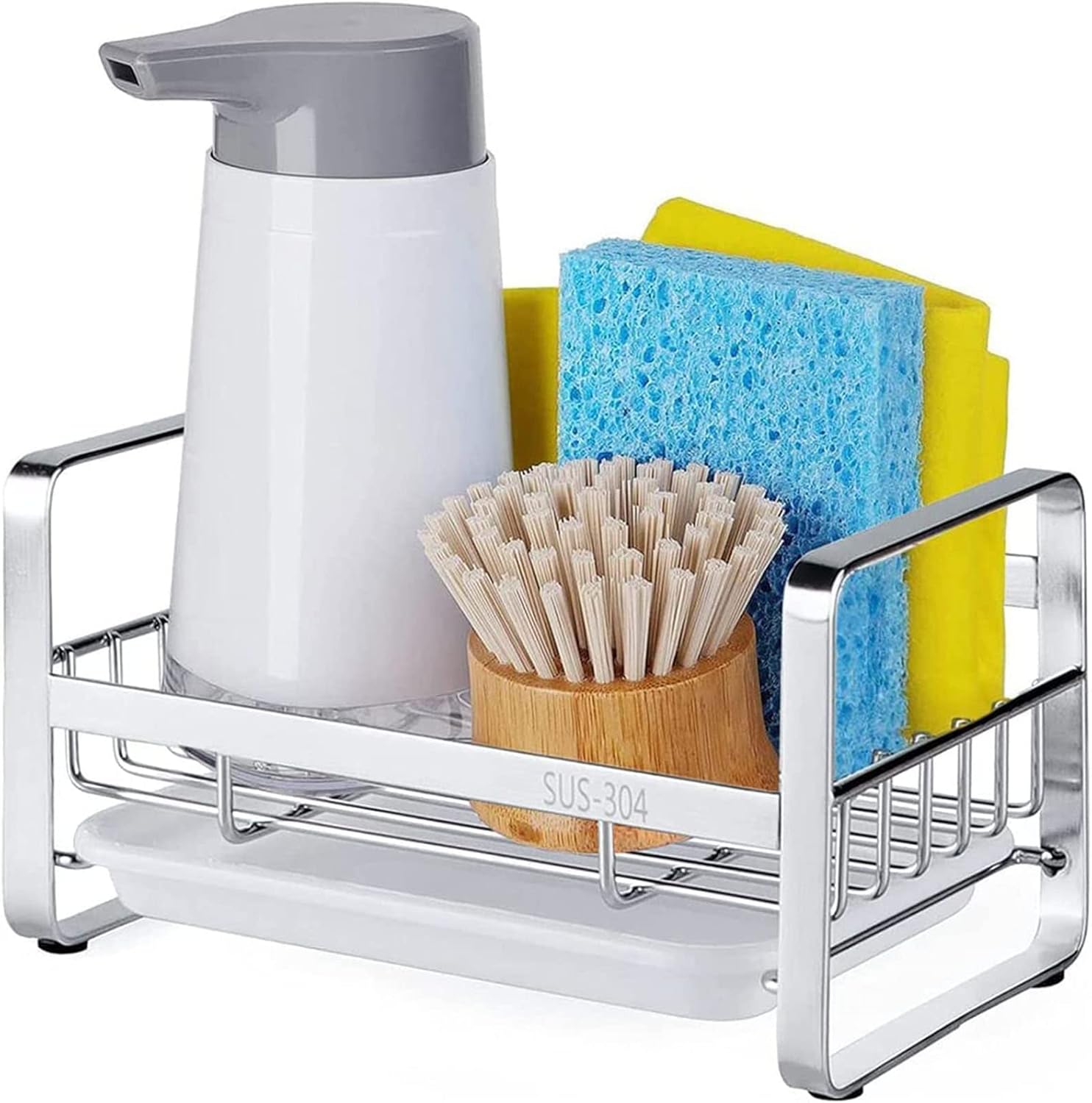 Kitchen Sink Sponge Holder, 304 Stainless Steel Kitchen Soap Dispenser Caddy Organizer, Countertop Soap Dish Rack Drainer with Removable Drain Tray, not Including Dispenser and Brush - Image 8