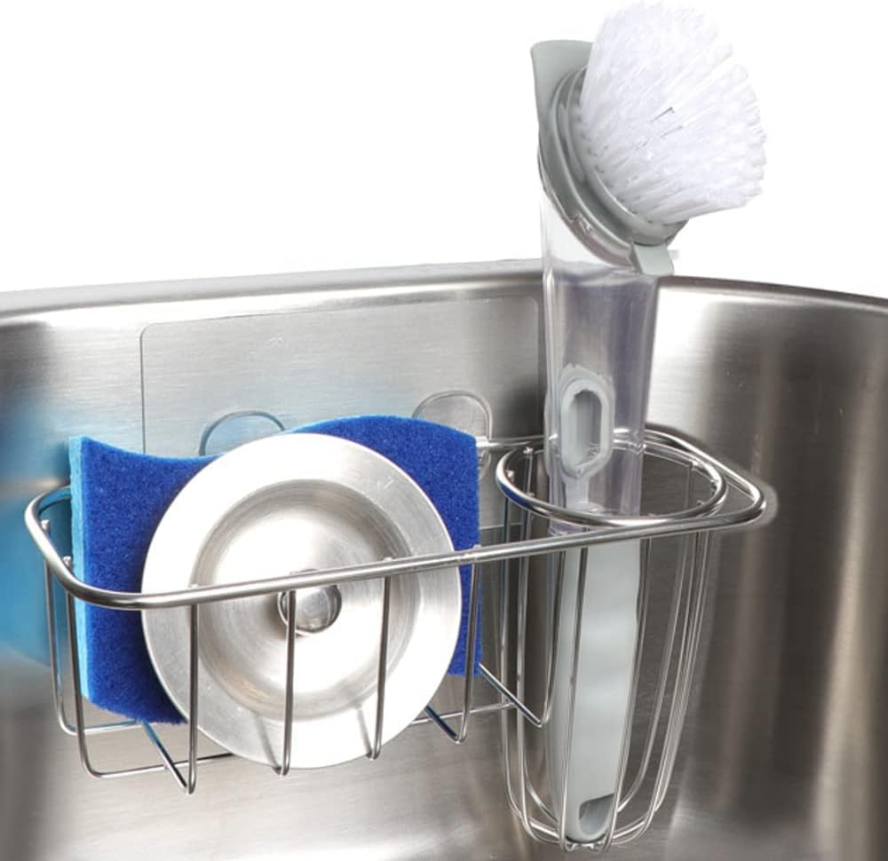 3-in-1 Sponge Holder for Kitchen Sink with Dish Brush Holder, Stainless Steel Caddy for Soap, Scrubber, No Drill and Rustproof, Silver - Image 1