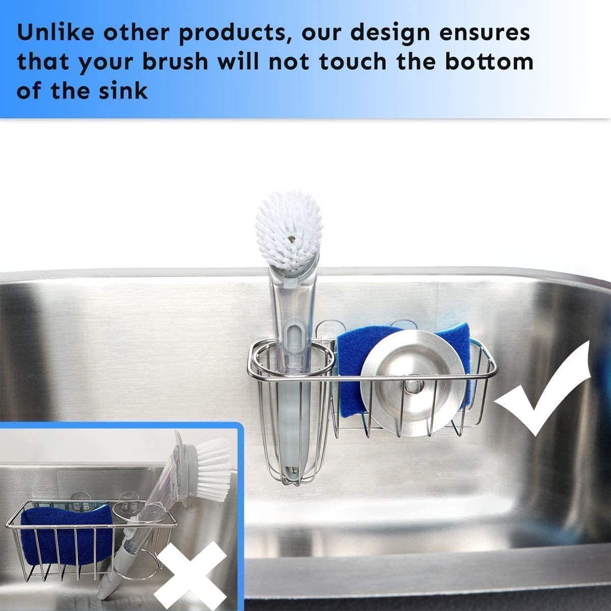 3-in-1 Sponge Holder for Kitchen Sink with Dish Brush Holder, Stainless Steel Caddy for Soap, Scrubber, No Drill and Rustproof, Silver - Image 3
