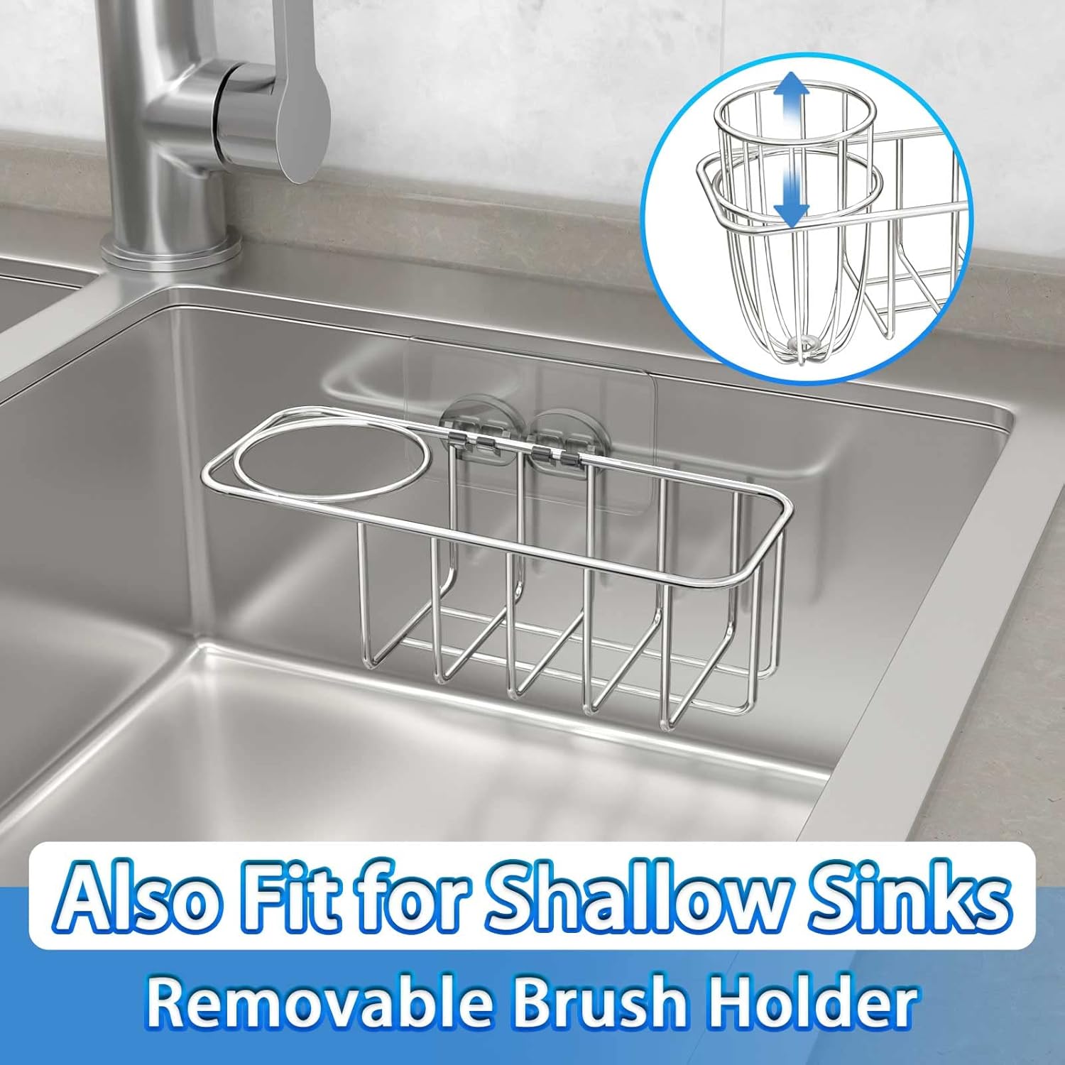 3-in-1 Sponge Holder for Kitchen Sink with Dish Brush Holder, Stainless Steel Caddy for Soap, Scrubber, No Drill and Rustproof, Silver - Image 7