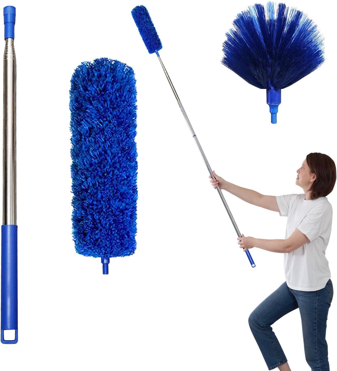 Cobweb Dusters with Extension Pole 100-inch, Spider Web Brush & Ceiling Cleaning Kit, Washable Cleaning Duster Kit with 2 Duster Heads, Cobweb Duster, Corner Brush for Ceiling Fan, Furniture, Home - Image 1
