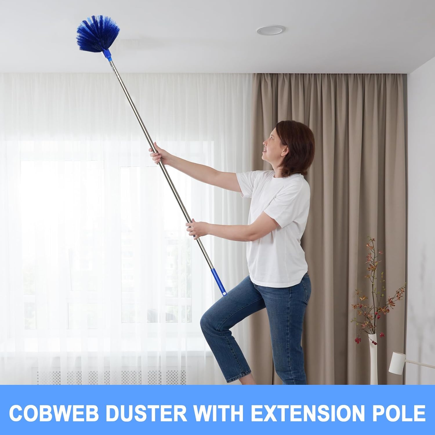 Cobweb Dusters with Extension Pole 100-inch, Spider Web Brush & Ceiling Cleaning Kit, Washable Cleaning Duster Kit with 2 Duster Heads, Cobweb Duster, Corner Brush for Ceiling Fan, Furniture, Home - Image 3