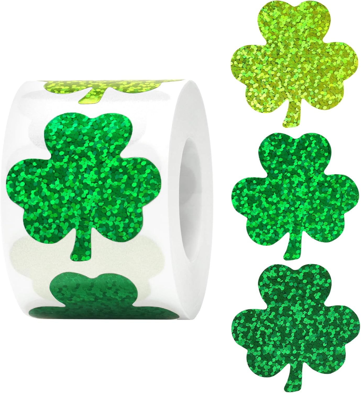 St.Patrick's Day Shamrock Stickers - 500Pcs 1.5'' Laser Shamrock Shape Stickers Roll Self Adhesive Holographic Green Irish Lucky Clover Sticker for Envelope Seal Card St.Patrick's Day (3 Color) - Image 1