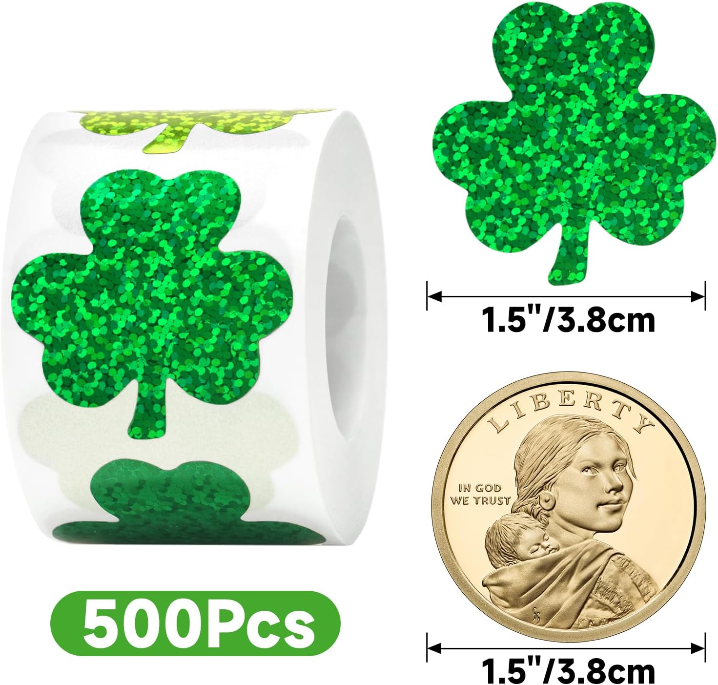 St.Patrick's Day Shamrock Stickers - 500Pcs 1.5'' Laser Shamrock Shape Stickers Roll Self Adhesive Holographic Green Irish Lucky Clover Sticker for Envelope Seal Card St.Patrick's Day (3 Color) - Image 2