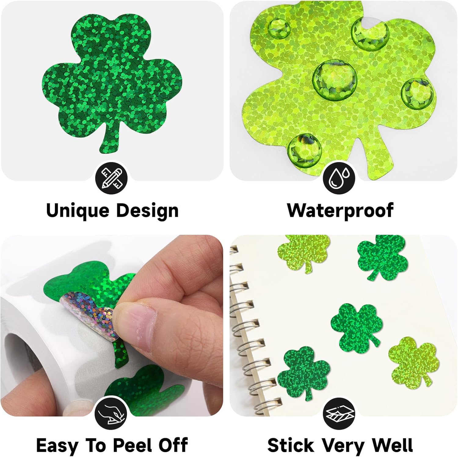 St.Patrick's Day Shamrock Stickers - 500Pcs 1.5'' Laser Shamrock Shape Stickers Roll Self Adhesive Holographic Green Irish Lucky Clover Sticker for Envelope Seal Card St.Patrick's Day (3 Color) - Image 3